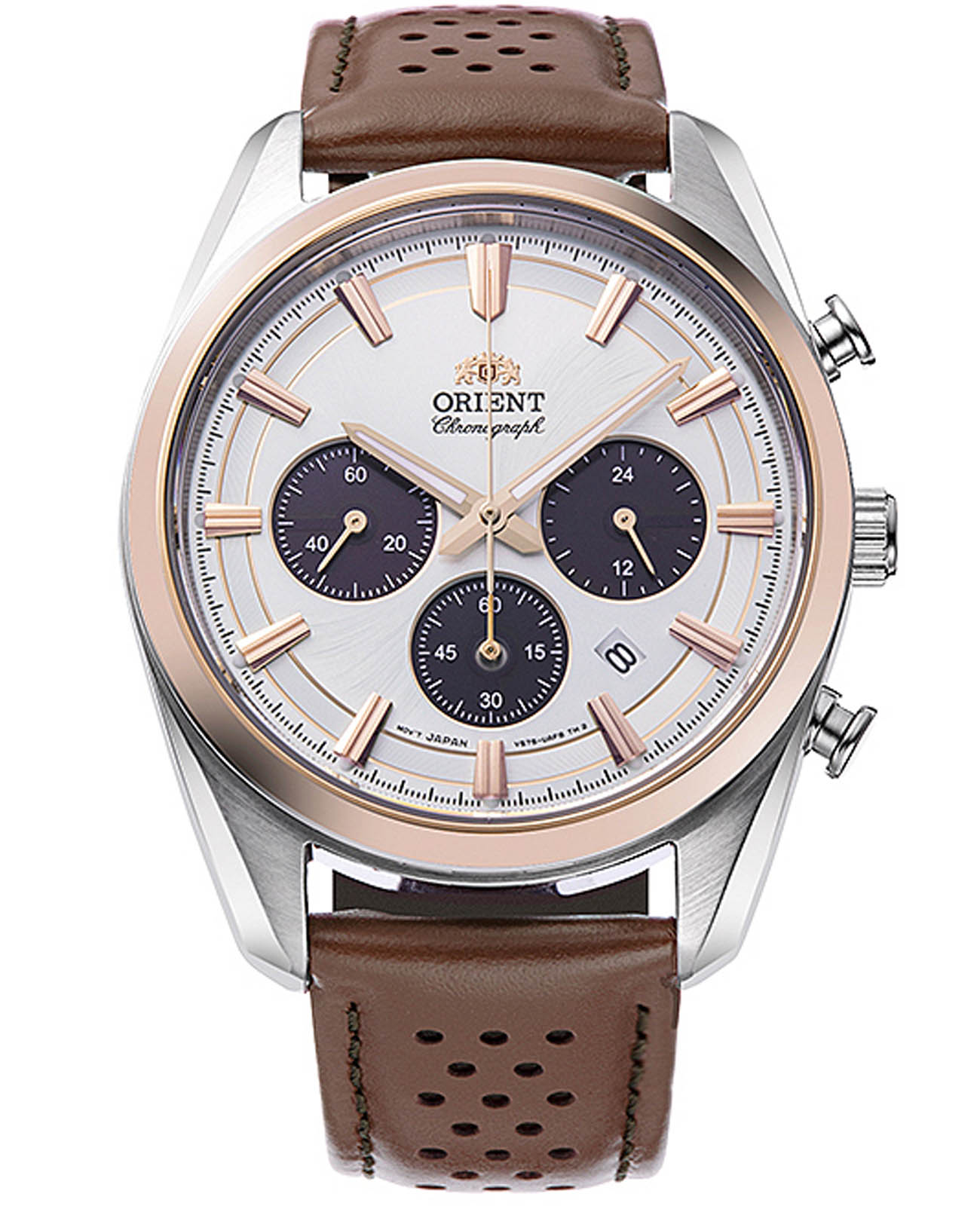 Orient Orient Chronograph RA-TX0306S (RN-TX0306S)  RA-TX0306S кварцевые мужские часы белый циферблат, браслет кожаный — вид спереди